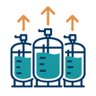 Vector icon of a multiple largescale bioreactor with arrows indicating growth using our brand colors
