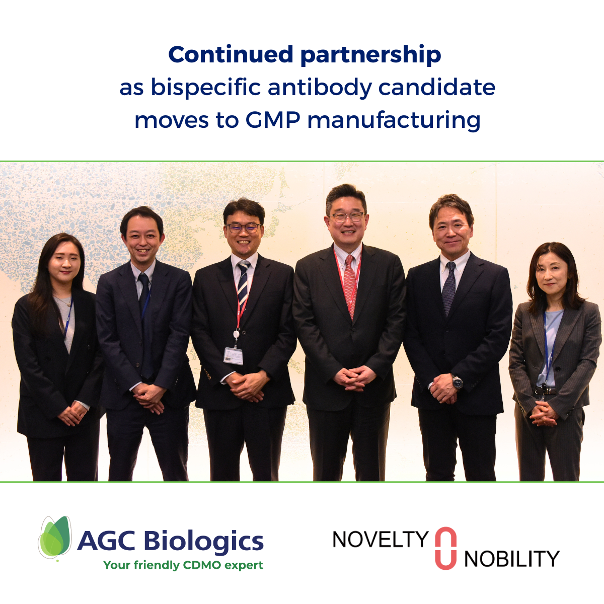 AGC Biologics and Novelty Nobility leaders meet to discuss GMP manufacturing of bispecific drug candidate, NN4101 in Tokyo, Japan on April 13, 2026.  