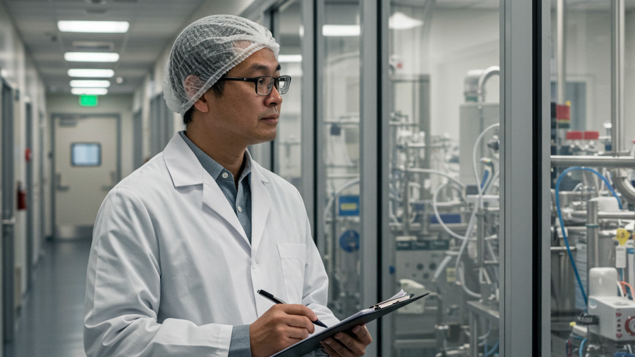 Man in lab coat planning future of pharmaceutical manufacturing